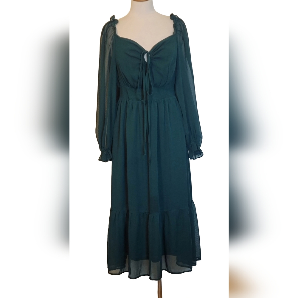 Blu Pepper Sheer Smock Peasant Prairie Ruffle Feminine Tie Midi Dress